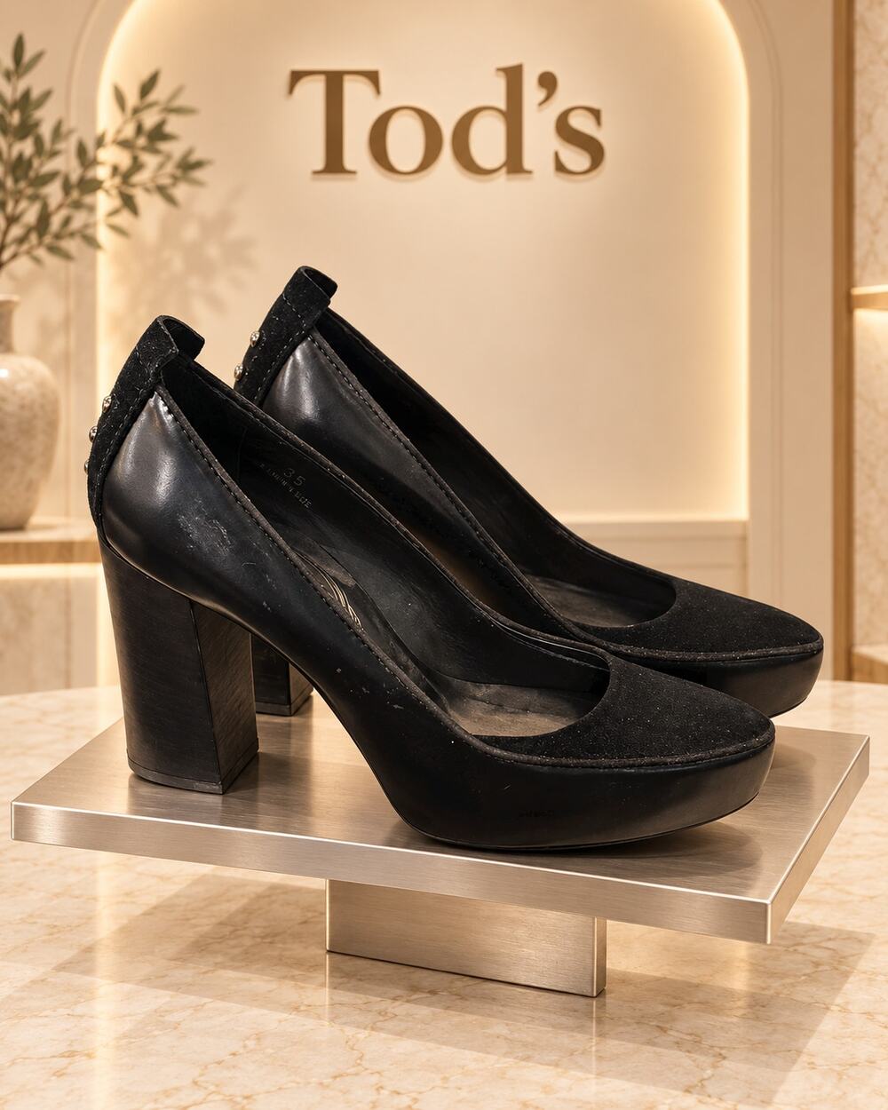 Tod’s Black Leather Suede Platform Block Heel Pumps Women’s US 5 EU 35